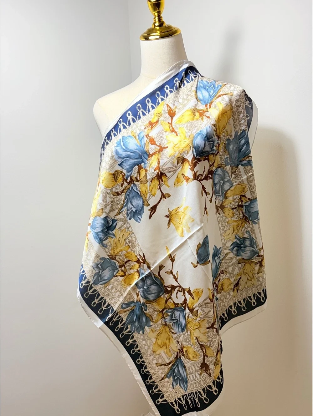 Elegant Floral Scarf with Blue and Yellow Flowers on Navy and White Border